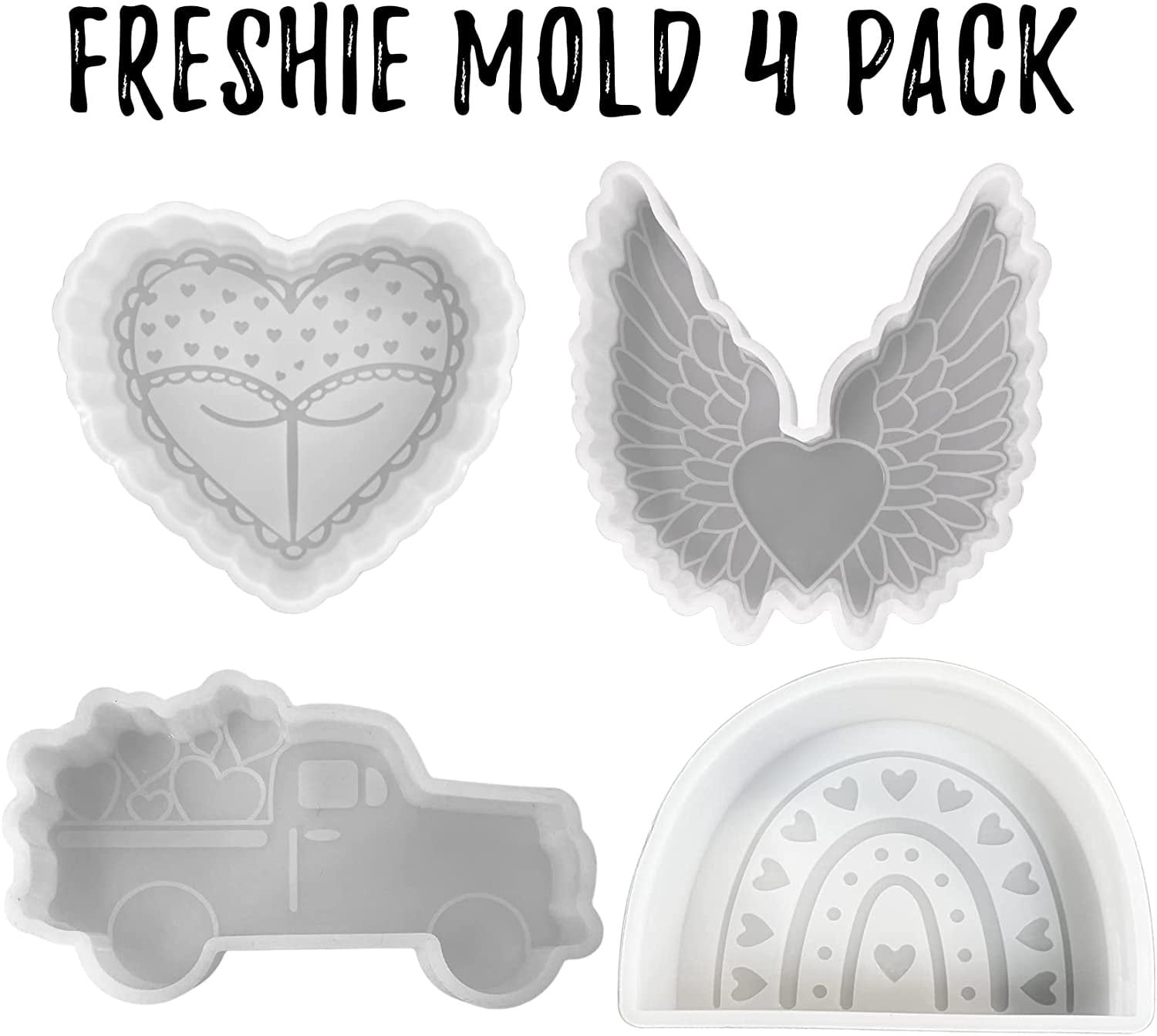Valentine Truck Boho Rainbow Lace Heart Shaped Butt Wings with Heart Car Freshie Molds  4pk  Bulk Wholesale Pack for Scented Aroma Beads Oven Safe up to 400F Valentines Day Freshie Supplies Holiday