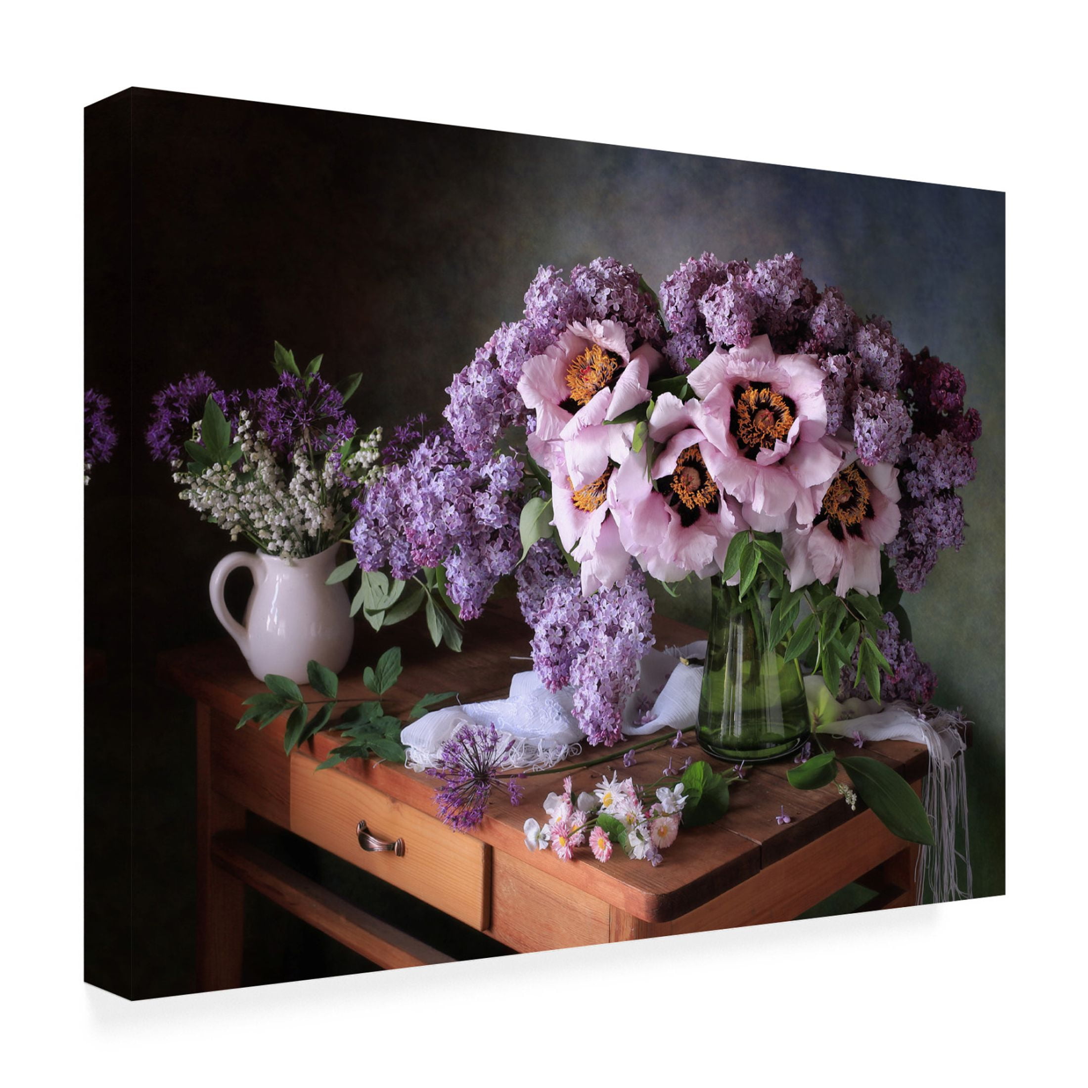 Trademark Fine Art Tatyana Skorokhod  Still life with a bouquet of peonies and lilacs Canvas Wall Art
