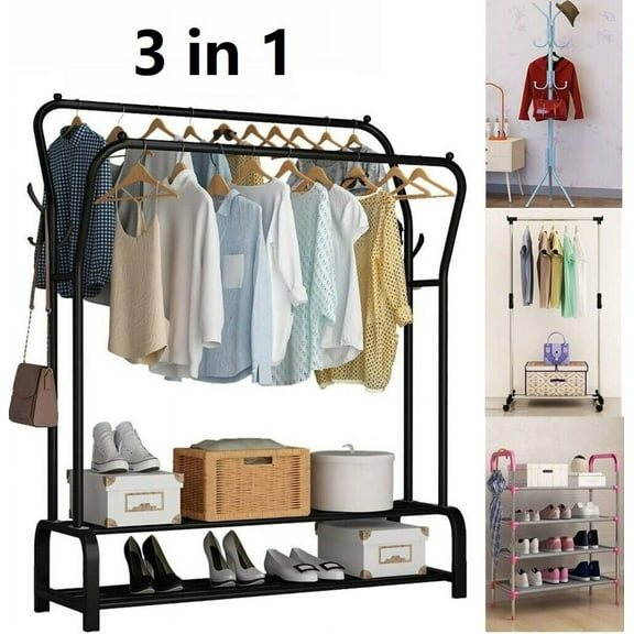Garment Rack Double Rail Metal Clothes Rack Standing Heavy Duty Closet Rack with Lower Storage Shelf for Bedroom,Black