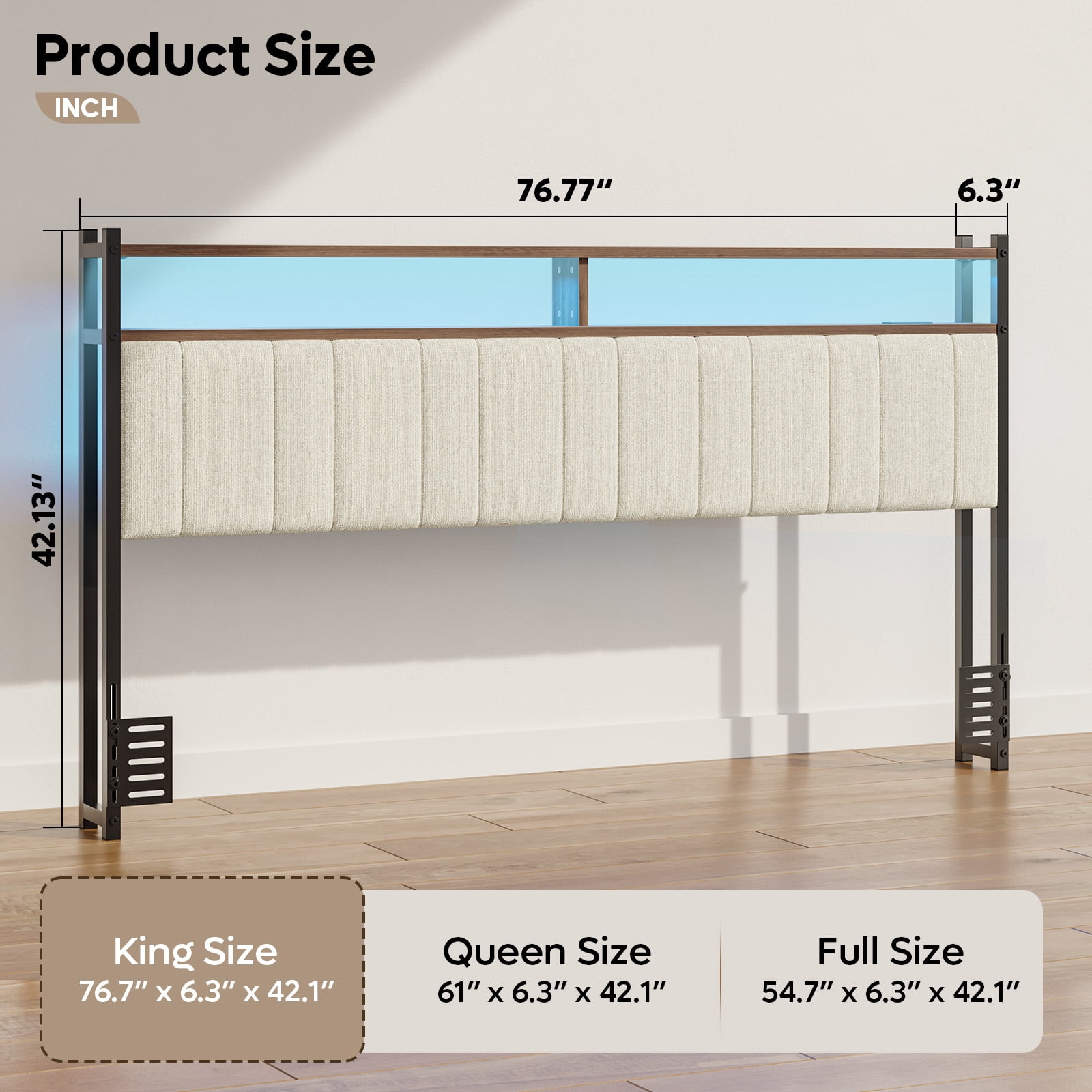 Pinmoco Headboard for King Size Bed with Storage, Linen Upholstered Head Board with LED Light and Charging Station, Beige (Headboard Only)