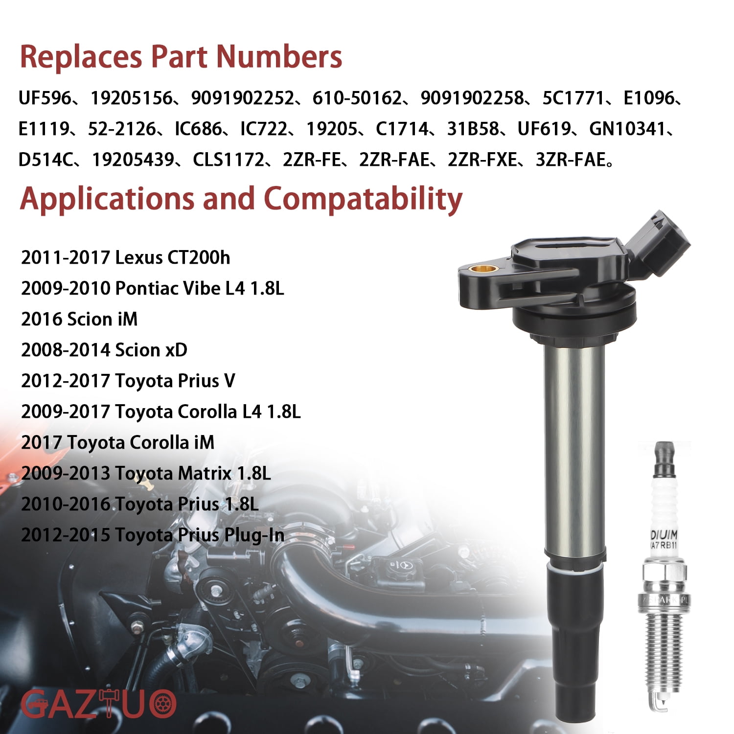 GAZTUO Ignition Coil Pack UF619 and Spark Plugs (Set of 4) Compatible with Toyota, Scion, Lexus, Corolla, Matrix Prius V Plug-In Vibe xD CT200h For # 9091902252 5C1771 E1096 2ZR-FE