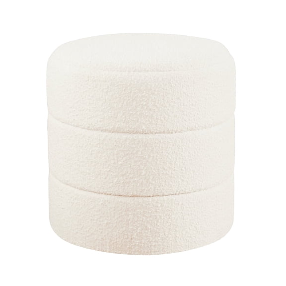 Benjara Sem Round Accent Ottoman- Cream White Stitched Boucle 18 Inch
