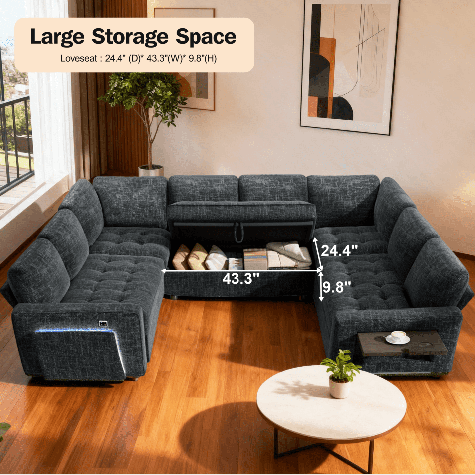 8-Seat Large U Shaped Modular Sectional | Pull Out Bed Sleeper Sofa Dark Black/ Reclining Backrest, USB Ports, LED Light & Storage Seat - Tool-Free Assembly