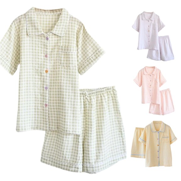 Krdevn Women Double Gauze Pajama Set, Notch Collar Plaid Short Sleeve Top & Shorts Loose Plus Size Loungewear,Light Green