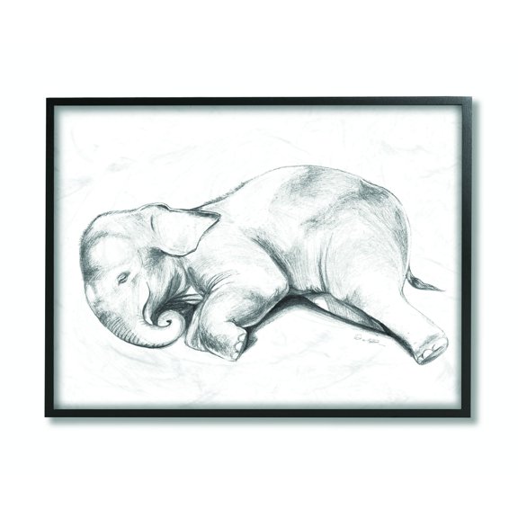 Stupell Industries Cute Elephant Baby Animal Neutral Gray Drawing Design Framed Wall Art by Daphne Polselli