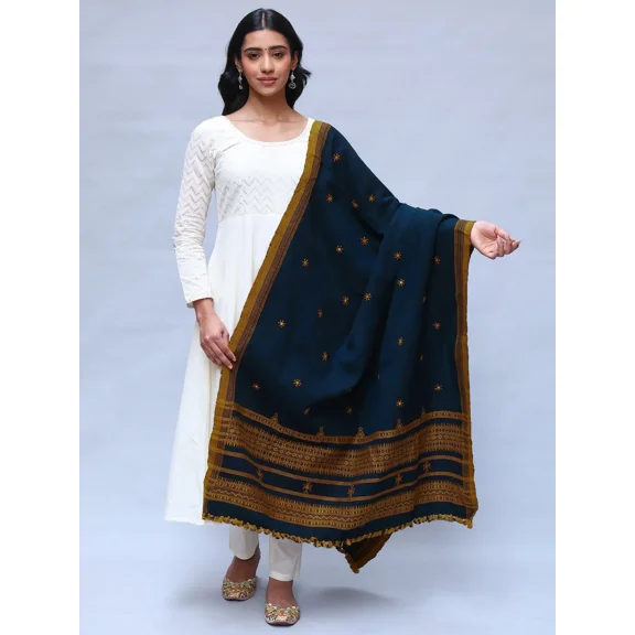 Exotic India Kutch Embroidered Flowers Mirrors Shawl Green Handcrafted Wool Blend Women's Wrap Scarf