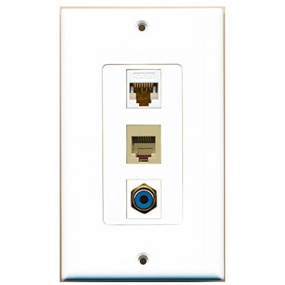 RiteAV - 1 Port RCA Blue and 1 Port Phone RJ11 RJ12 Beige and 1 Port Cat6 Ethernet White Decorative Wall Plate Decorative