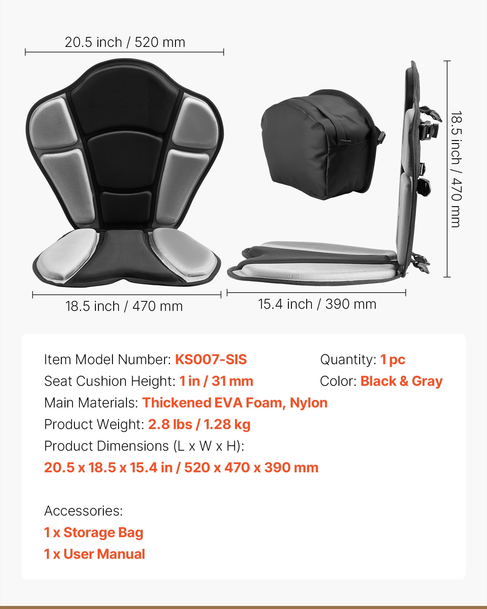 VEVOR Kayak Seat, 1 Pack 1" Thick, Universal Paddle Board Seat with Back Support, Sit-on-Top Soft Padded Cushion with Storage Bag & Adjustable Straps for SUP, Fishing Boat, Inflatable Kayak, Rowboat