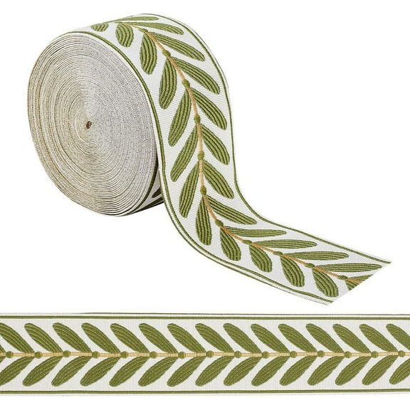 10.9Yards Jacquard Ribbon Trim 2.4 Inch Leaf Pattern Jacquard Polyester Ribbons White Green Leaf Jacquard Woven Embroidery Trim for DIY Sewing Crafts Handmade Bag Belts Clothing Decoration for diy