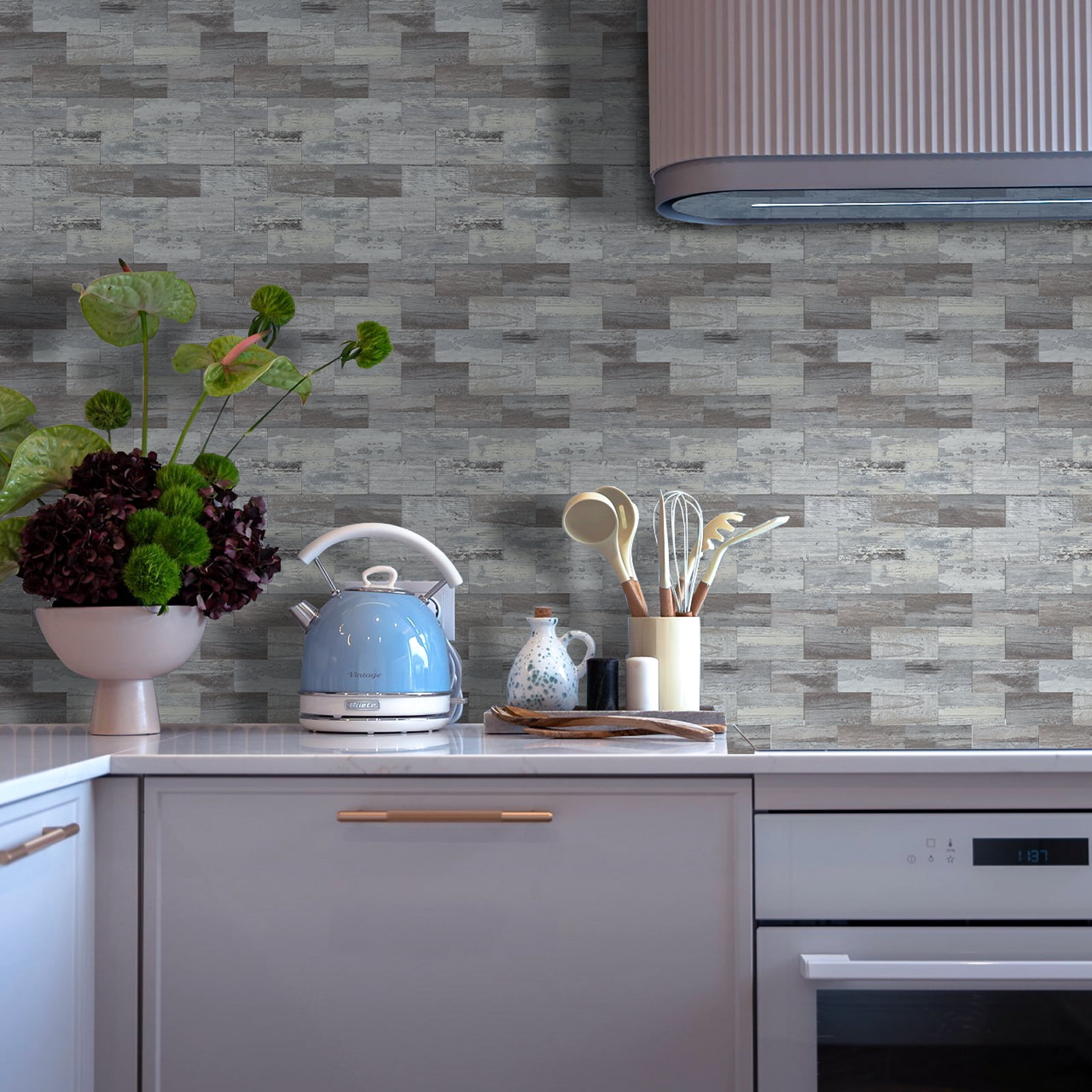 12-Sheet Subway Tile Peel and Stick Backsplash, 11.8" x 11.8" Self Adhesive PVC Wall Tiles for Kitchen Fireplace (Rustic Wood)
