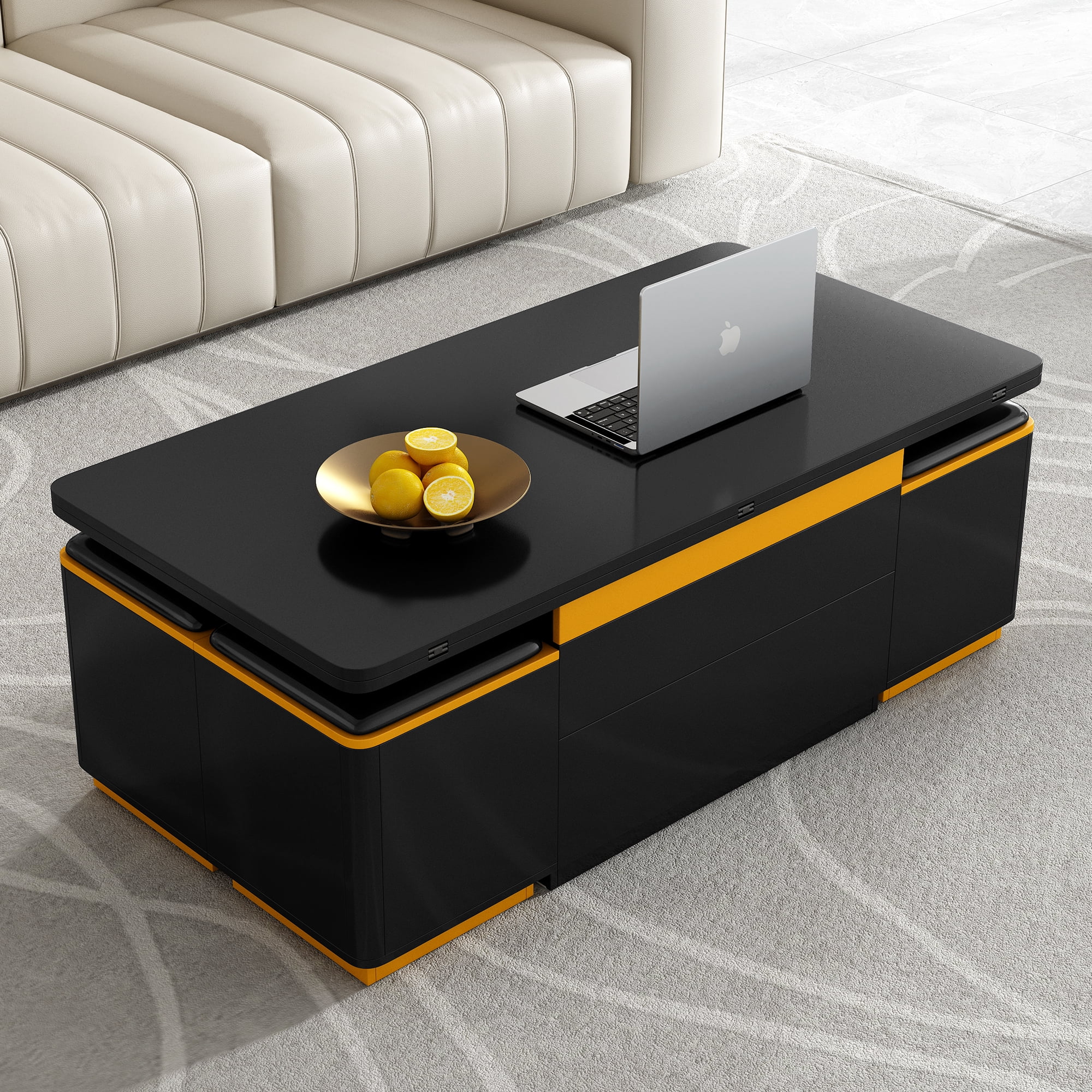 Mintazer Lift-Top Coffee Table with 4 Storage Stools, 3-in1 Adjustable Center Table for Living Room, Black
