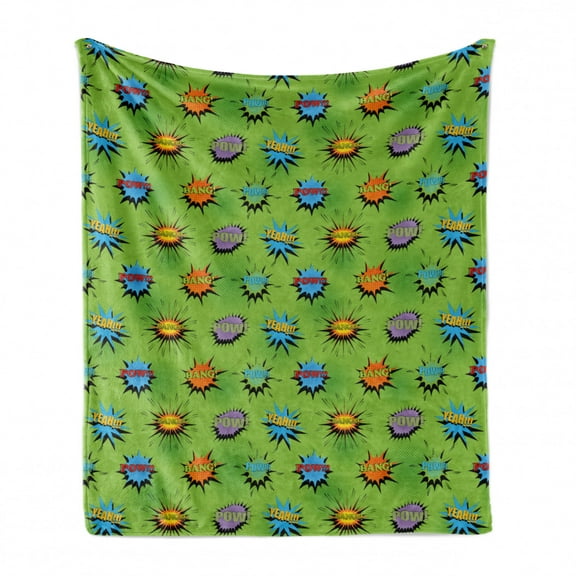 Pop Art Soft Flannel Fleece Throw Blanket, Comics Style Pow Bang Yeah Wordings Sci Fi Graphic Novels Style, Cozy Plush for Indoor and Outdoor Use, 60" x 80", Lime Green and Multicolor, by Ambesonne
