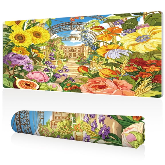 LIVEKEY XXL Mouse Pad Vintage Garden Flowers Greenhouse 80x40x0.3cm Non Slip Durable Easy Clean Stitched Edges Full Desk Coverage for Gaming Office Use