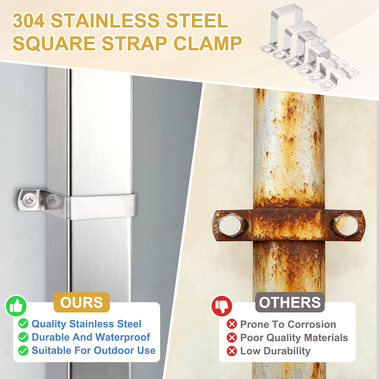 Uxcell 4Pcs U Shape Square Tube Clamp, 90x90mm U Shaped Bracket 304 Stainless Steel Square Strap Clamp with Phillips Head Self Drilling Screws for Pipes Door Closed Bar Holder Railings