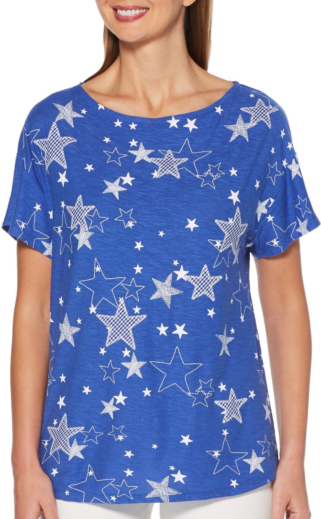 Rafaella Petite Star Print Round Neck Short Sleeve Top Large Petite Blue//Silver//White