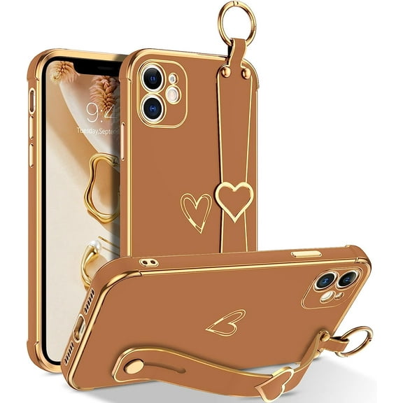 iPhone 11 Case, iPhone 11 Phone Case Love Heart Cute Case with Wristband Kickstand Holder Soft TPU Plating Bumper Protective Slim Shockproof iPhone 11 Phone Case Cover for Girls Women, Brown