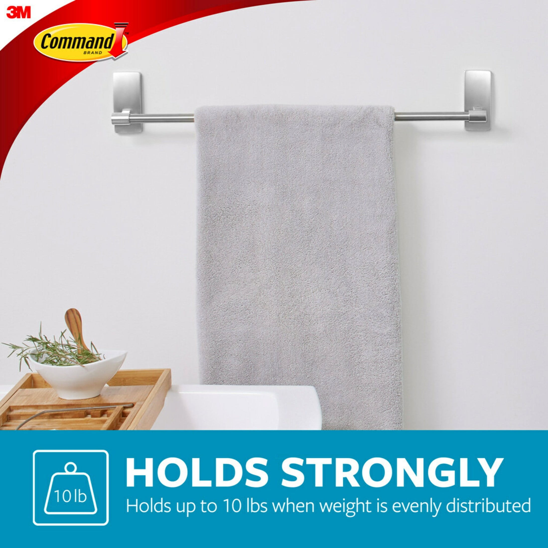 Command Bath Satin Nickel Towel Bar, Holds 10 lbs, 4 Large Strips