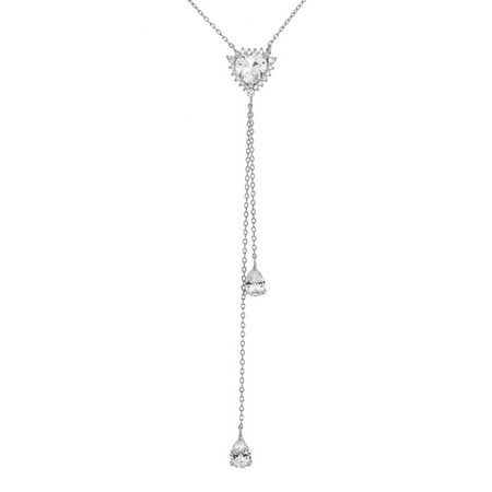 Heart And Pear Shape Clear CubicZirconia Y Necklace Sterling Silver 17" + 2" Extension