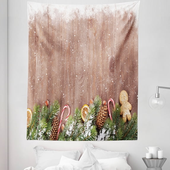 Winter Tapestry, Candy Cane Gingerbread Man Pine Trees Lemon Snow Cold Season Rustic Wooden Board Art, Fabric Wall Hanging Decor for Bedroom Living Room Dorm, 5 Sizes, Multicolor, by Ambesonne
