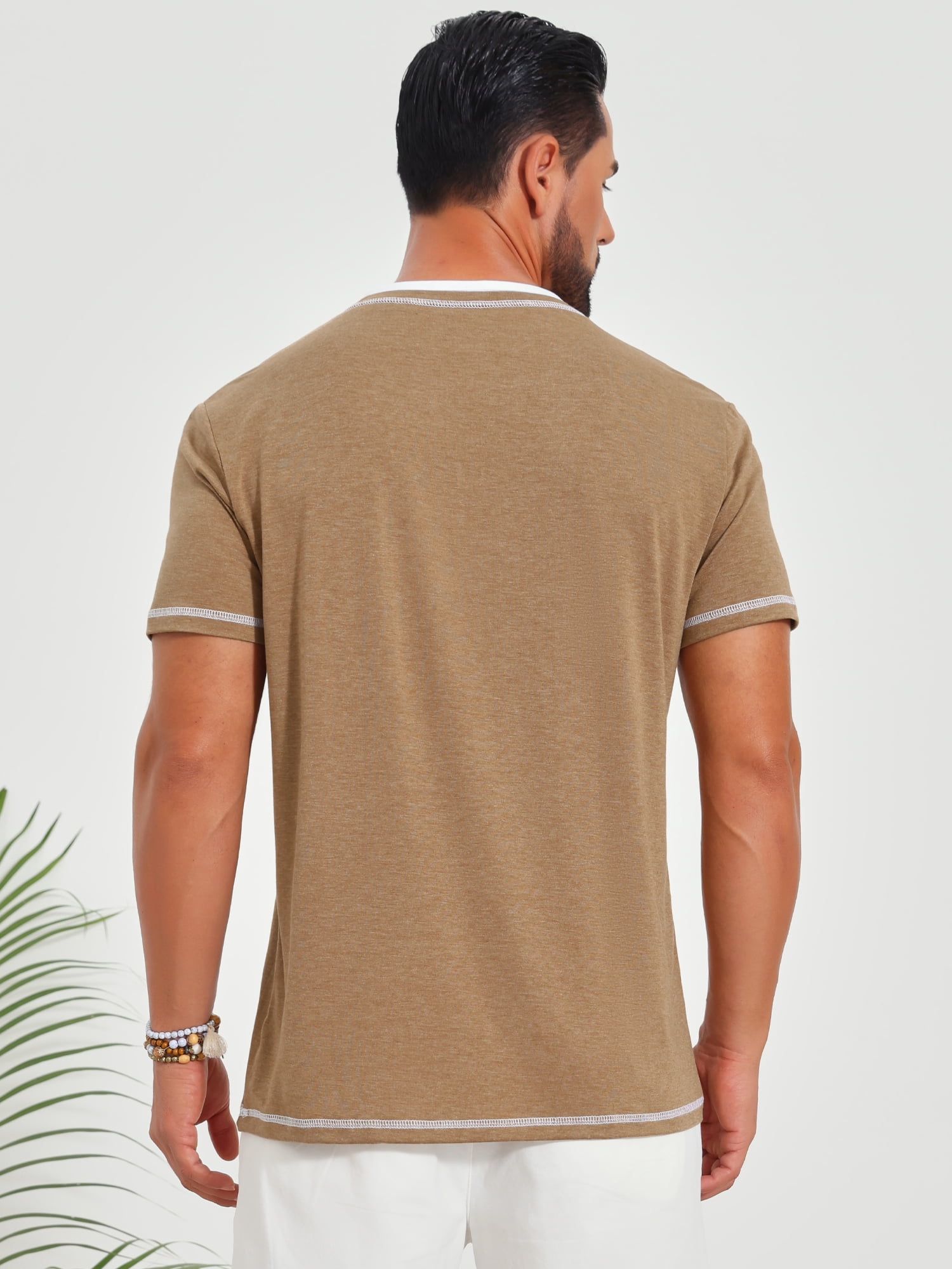DARING DIVA Men's Henley V-Neck Colorblock Button Down Short Sleeve T-Shirt 2XL Khaki