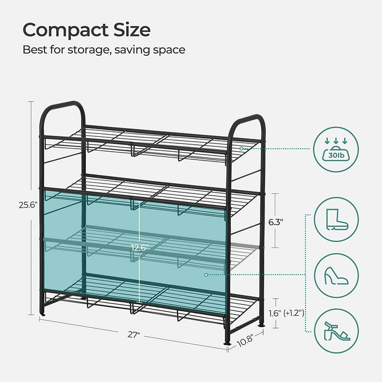 SONGMICS 4 Tier Shoe Rack Metal Stackable Shoes Rack Storage Shelf Holds up  to 20 Pairs Shoes Adjustable Slanted Shelves Shoe Tower Organizer for Closet  Entryway Small Spaces Black 