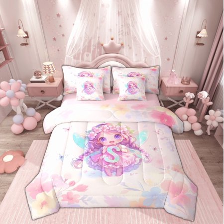 Feelyou Initial Letter S Twin Bedding Sets 7-Piece for Kids Dreamy Floral Elf Fairy Bedding Comforter Set Watercolor Flower Reversible Sheet Sets Luxury Bedroom Decor