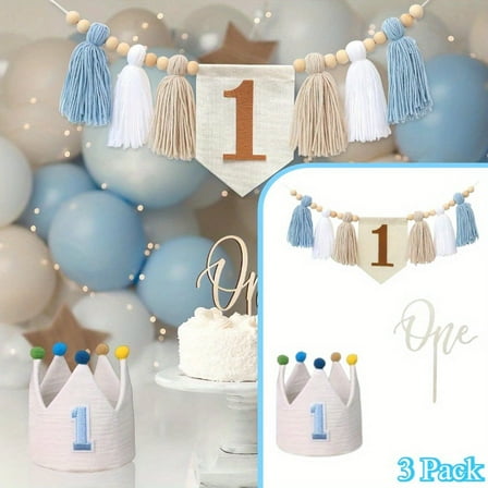 First Birthday Crown and Cake Topper for Baby Boy, Blue High Chair Banner Decorations Kit for His 1st Year Birthday Party