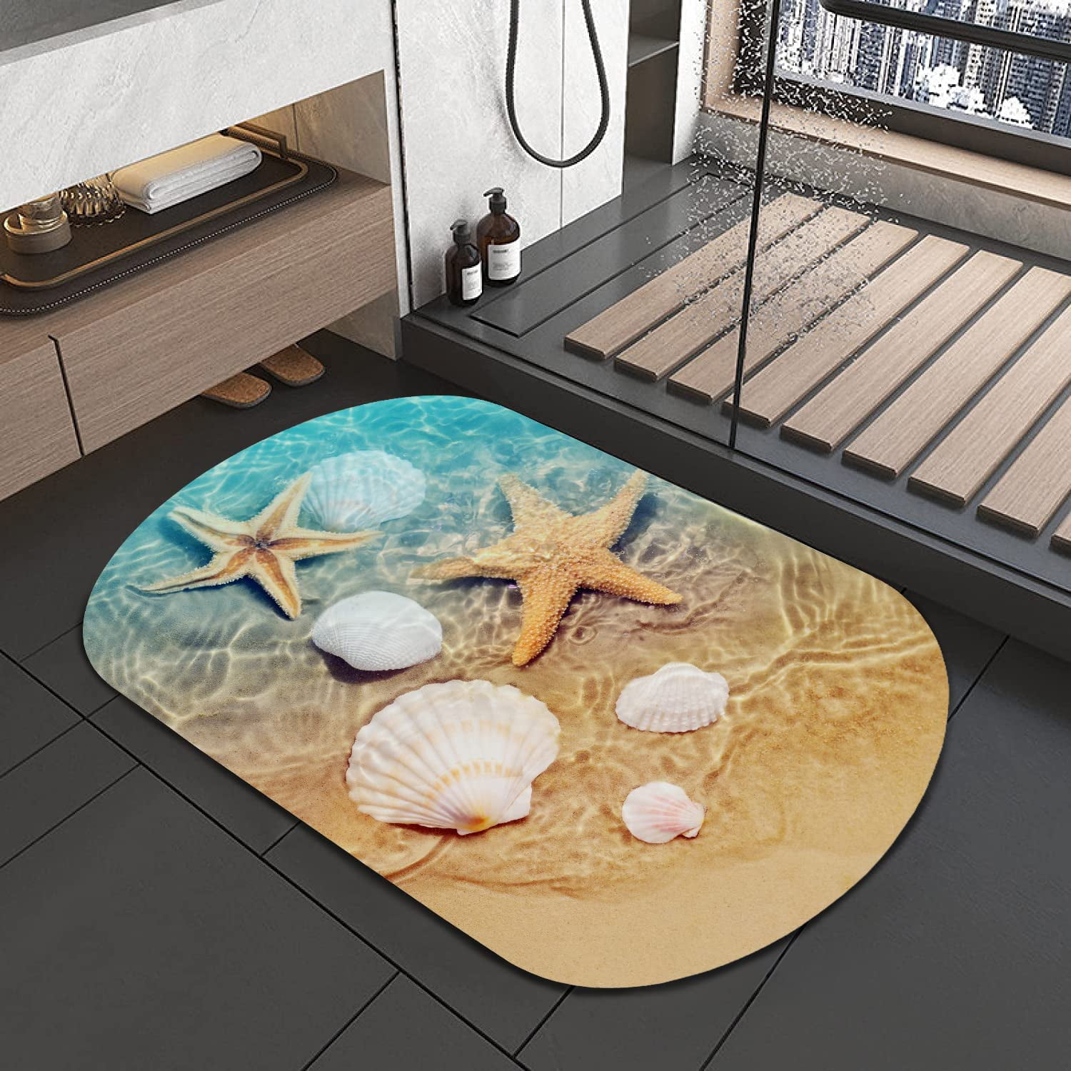 Non-slip Diatom Mud Soft Bathroom Mat, Beach Starfish Shell Print
