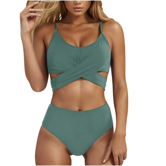 Hyknon Bikini Sets for Women Summer Fashion Solid Color Split Sports Bathing Suit High Waist Tummy Control Slim Fitting Two Piece Bikini Set with Bottom