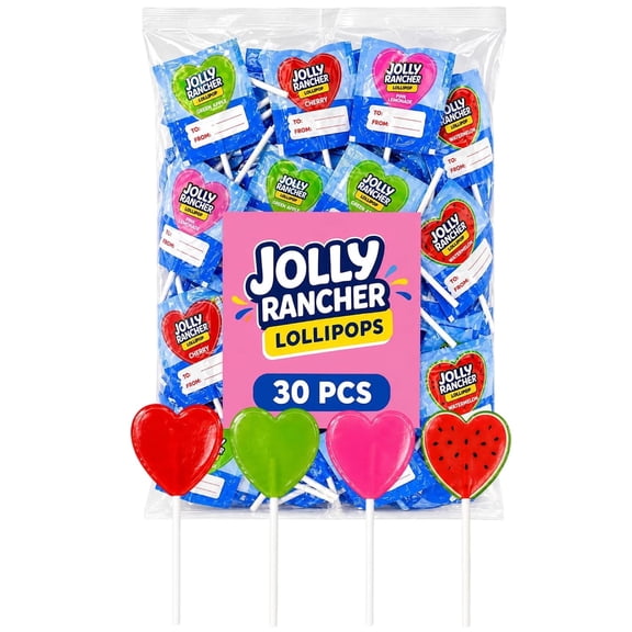 JOLLY RANCHER Heart Shaped Lollipops, Assorted Fruit Flavors, Individually Wrapped Candy Pops, 30 Count