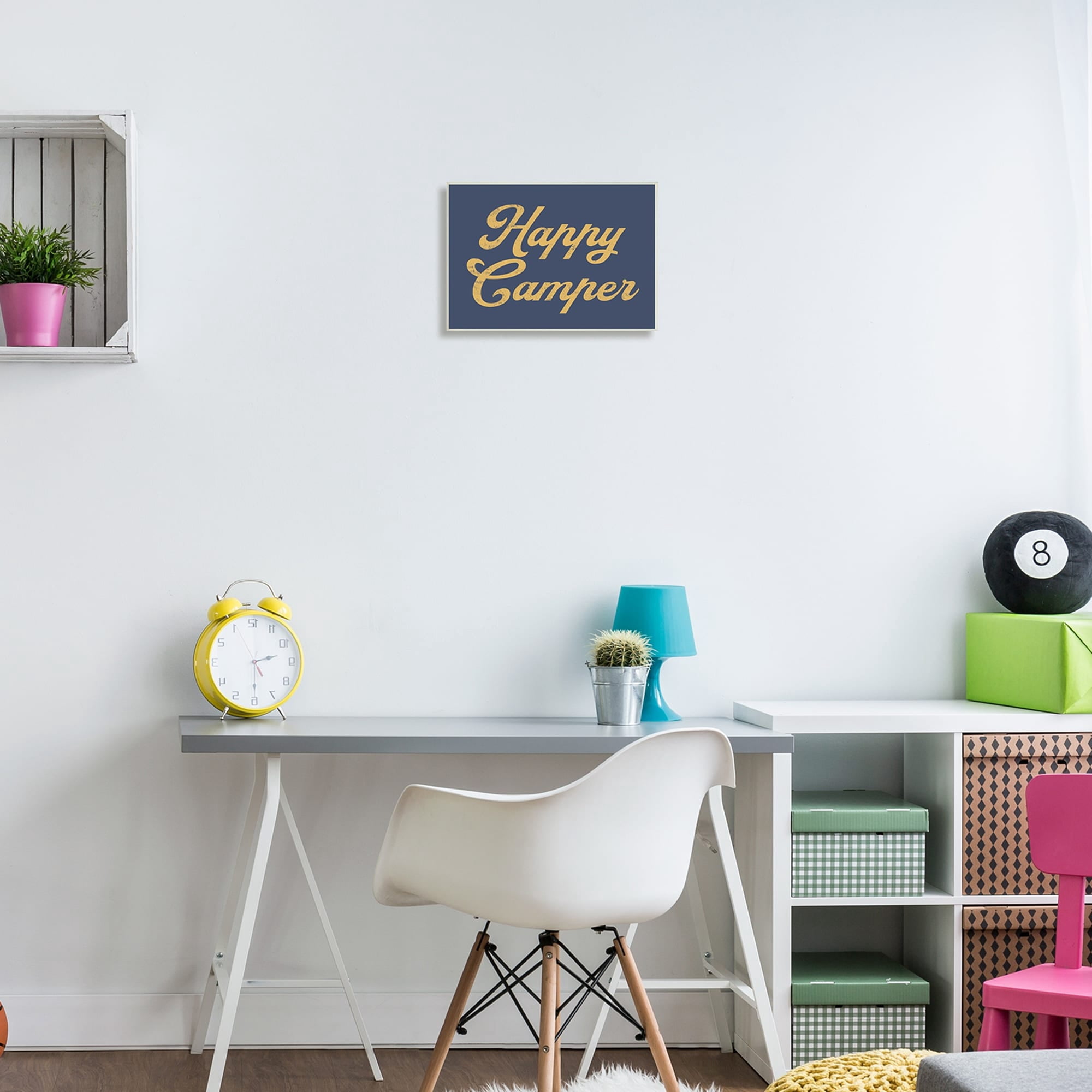Stupell Industries Happy Camper Vintage Script Phrase Yellow Accent Wood Wall Art, 19 x 13, Design by Lil' Rue