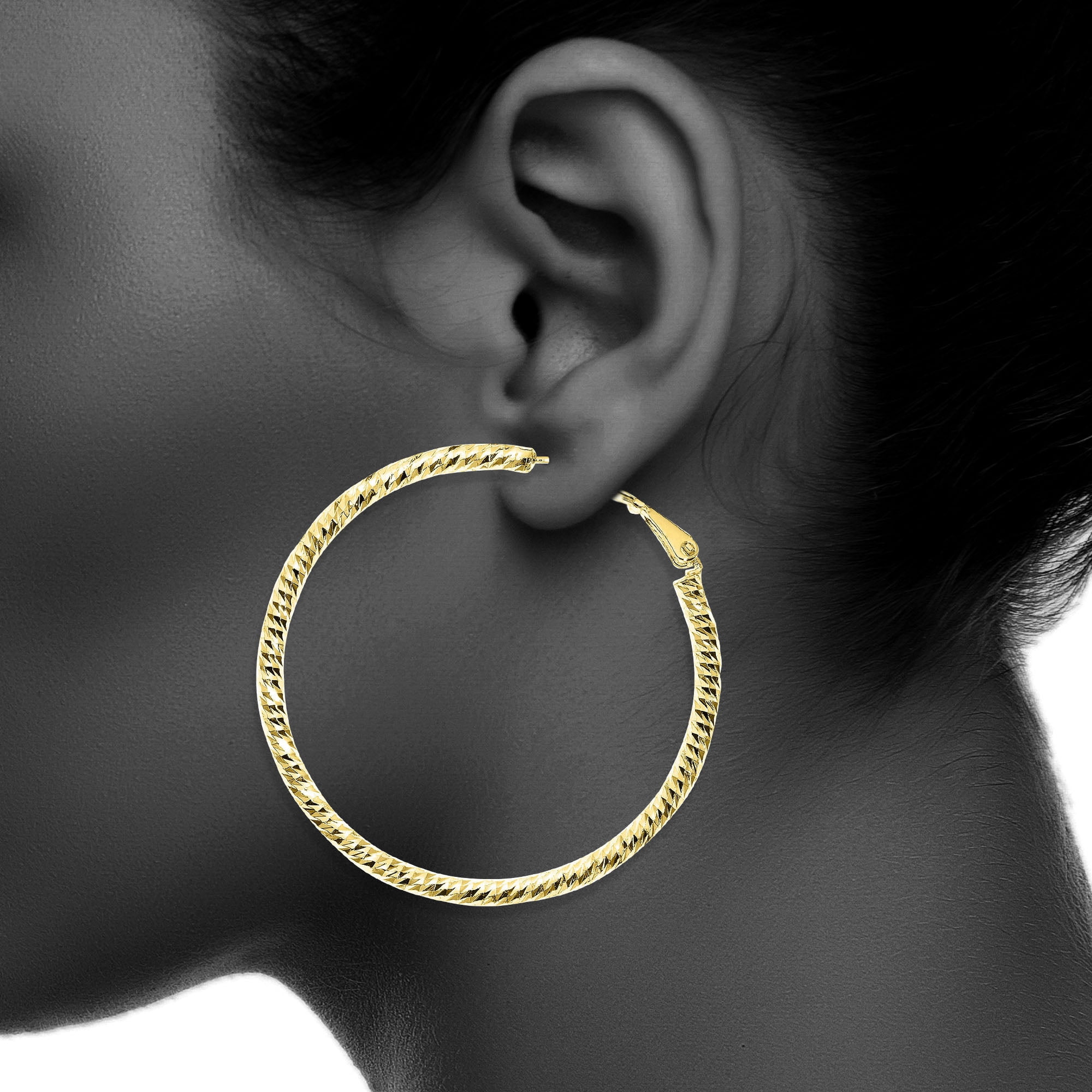 X & O Women's 14K Yellow Gold Plated 50mm Polished and Diamond Cut Hoop Earrings