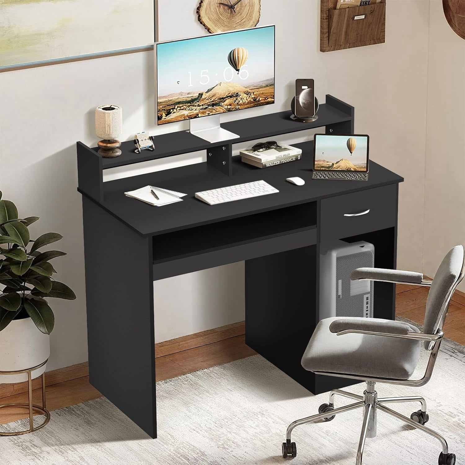 Dkelincs 43" Office Computer Desk with Drawer & Monitor Shelf & Keyboard Tray, Study Writing Desk Gaming Desk Executive Table for Home Office, Black
