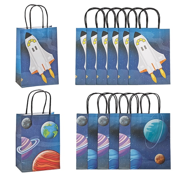 Fun Express Kraft Paper Gift Bags Space Party Medium 6 1/2" x 9"– 12 Pieces