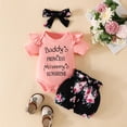 thumbnail image 4 of WIBACKER 3-6M Newborn Infant Baby Girl Daddy's Pincess Outfits Short Sleeve Ruffle Romper + Floral Shorts + Headband 3pcs Set, 4 of 10