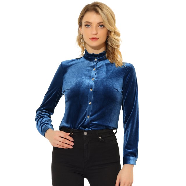 Blusa de terciopelo para mujer con volantes y cuello alto, manga larga, con botones Azul eléctrico S