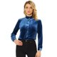 thumbnail image 1 of Blusa de terciopelo para mujer con volantes y cuello alto, manga larga, con botones Azul eléctrico XL, 1 of 5
