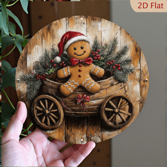 2D Flat, 1pc 8x8inch Aluminum Christmas Gingerbread Man in Wagon Aluminum Sign - Inch Round 2D Printed Metal Wall Decor for Home, Kitchen, Garden, Bedroom, Office - Vintage Style Holiday Decorat