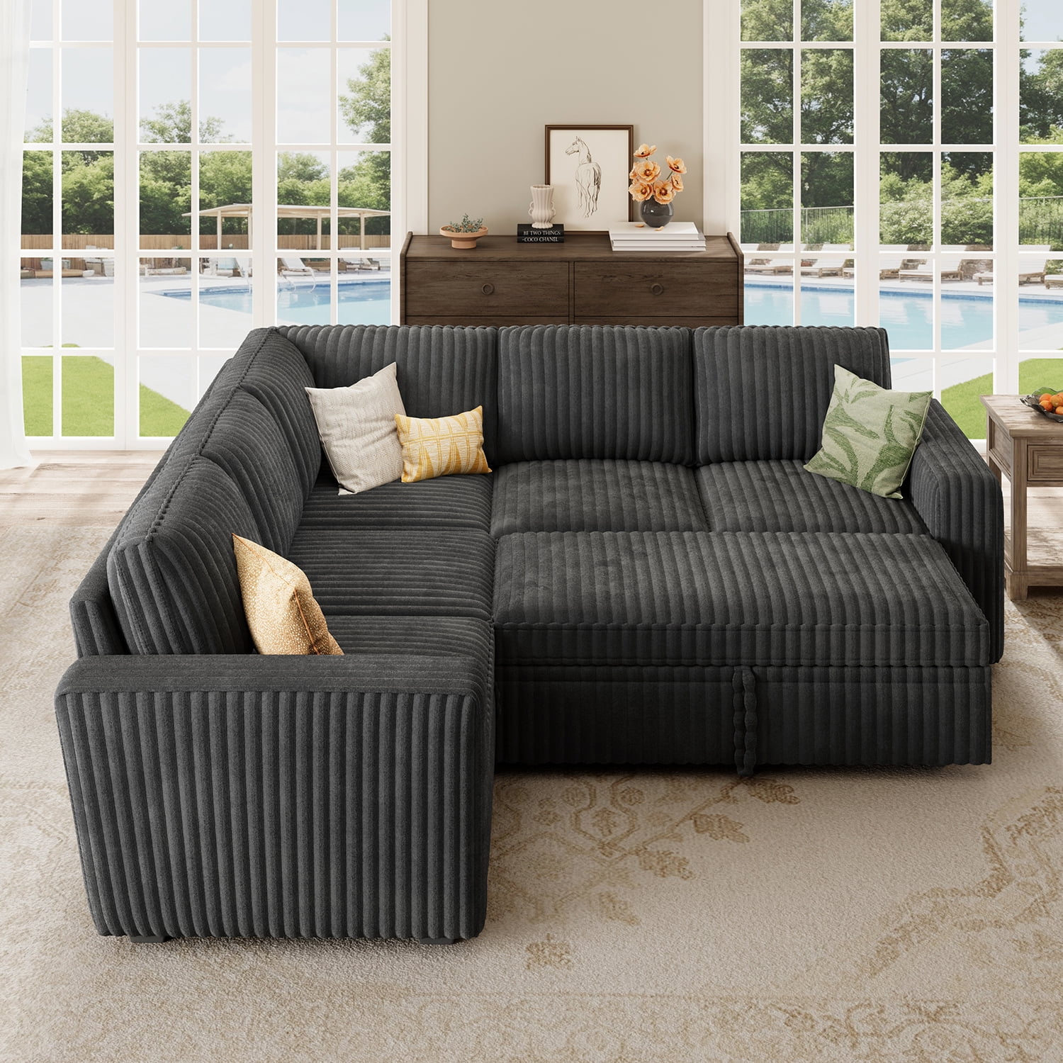 Marrber 84" Large Sectional Sofa with Pull-Out Sleeper Bed, Reversible Chaise & Hidden Storage, Pet-friendly Corduroy for Living Room, Gray