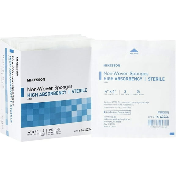 Mckesson 16-42444 High Absorbency Nonwoven Sponges 4-Ply 4 in. x 4 in. Sterile 2 Per Pack  (Box of 25)