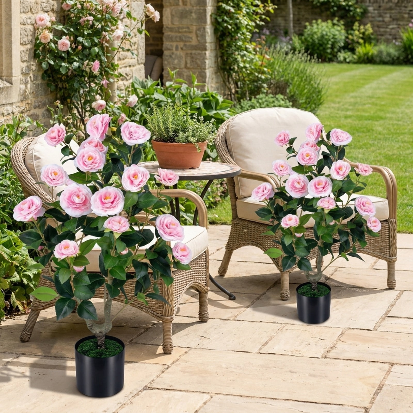 Vebreda Artificial Plant Decor, 2-Pack Artificial Camellia Tree Faux Flower Plant in Cement-Filled Pot, Lifelike & Elegant Design