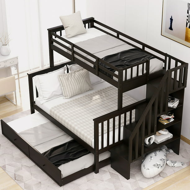Storage Bunk Bed For Bedroom Espresso, Twin Over Full Bunk Beds With Storage