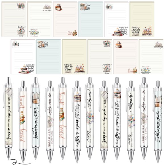 Juego de 24 bolígrafos y bloc de notas Gilprop para amantes de los libros, multicolor