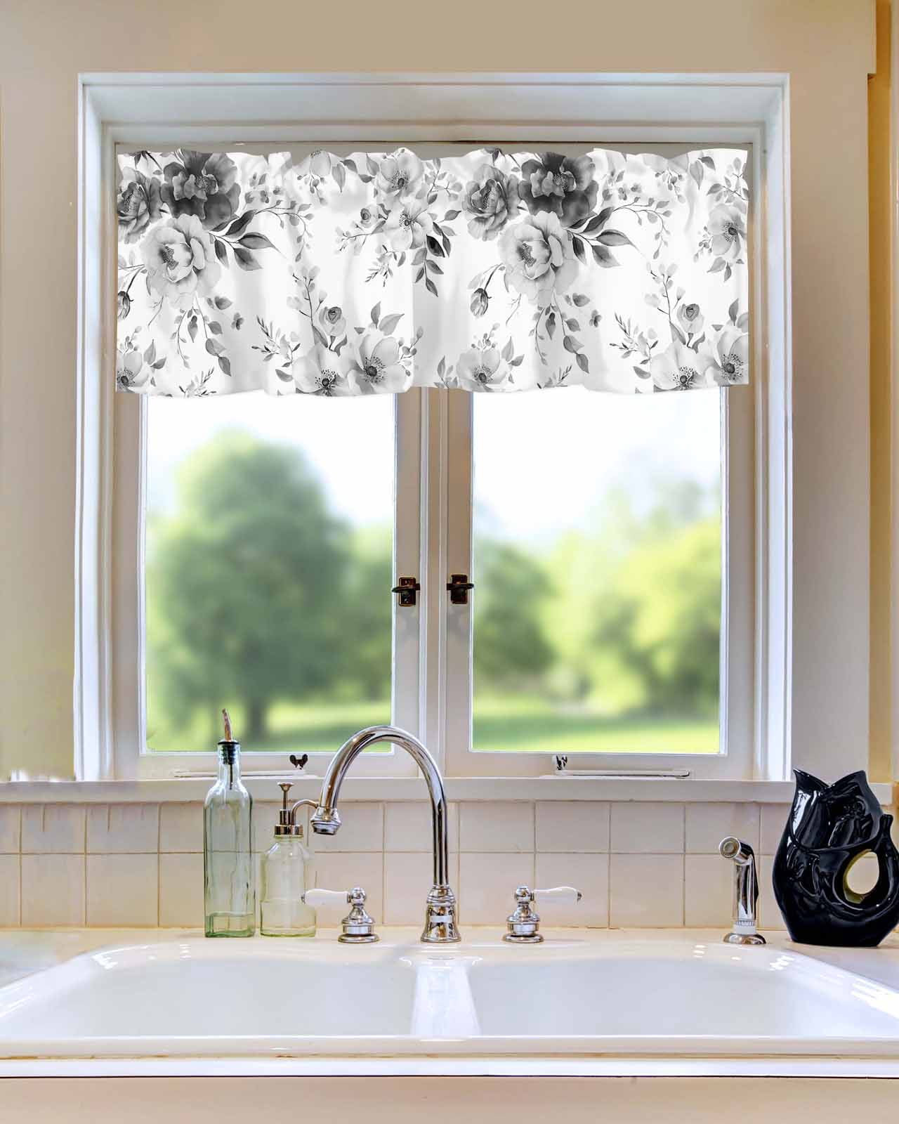 Spring Blossom Grey Flower Curtain Valances for Kitchen Windows,Rod Pocket Short Valance Retro Watercolor Floral Plant Window Treatment for Living Room Bathroom Bedroom,54" x 18"-1 Panel