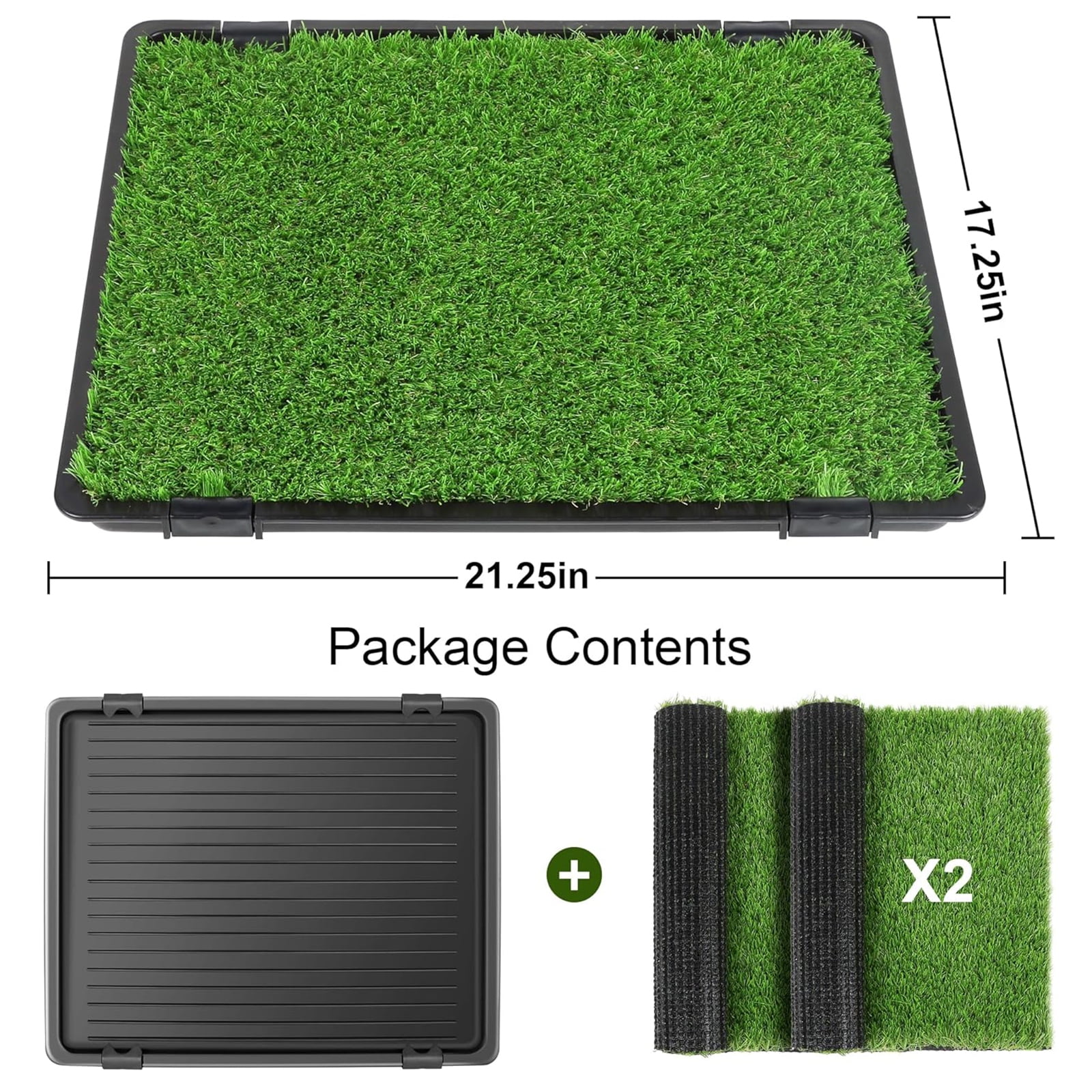 Dog Grass Pad with Tray,Reusable Training Pad with Replaceable Artificial Grass,Quick Absorbent Indoor Portable Dog Patio Potty,Washable Pee Pad For Puppy (Black Tray + 2 Grass Pads for Replacement)