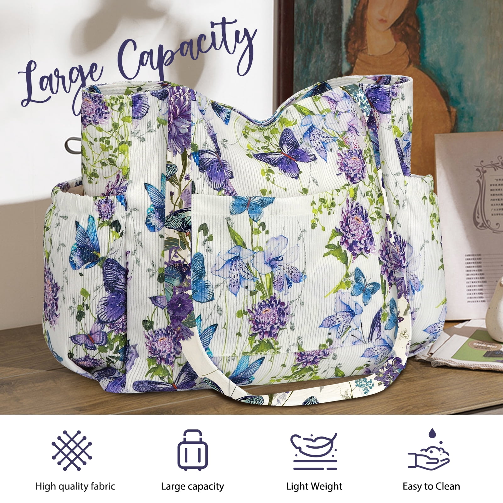 Gocvo Multiple Pockets Corduroy Bag, Large Tote Bag for Women, Ladies Bag Casual Hobo Handbags(Butterfly)