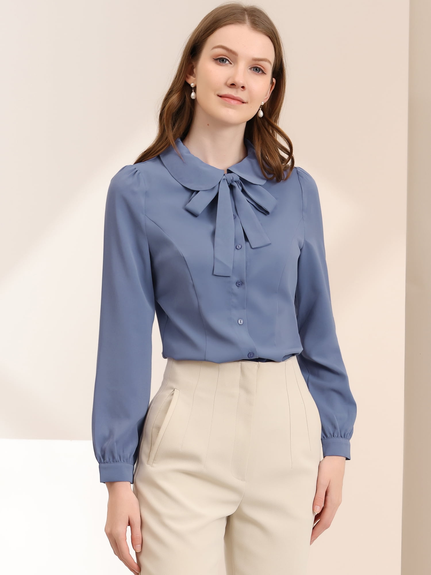 DARING DIVA Pan Collar Bow Tie Neck Work Office Shirt S Dusty Blue