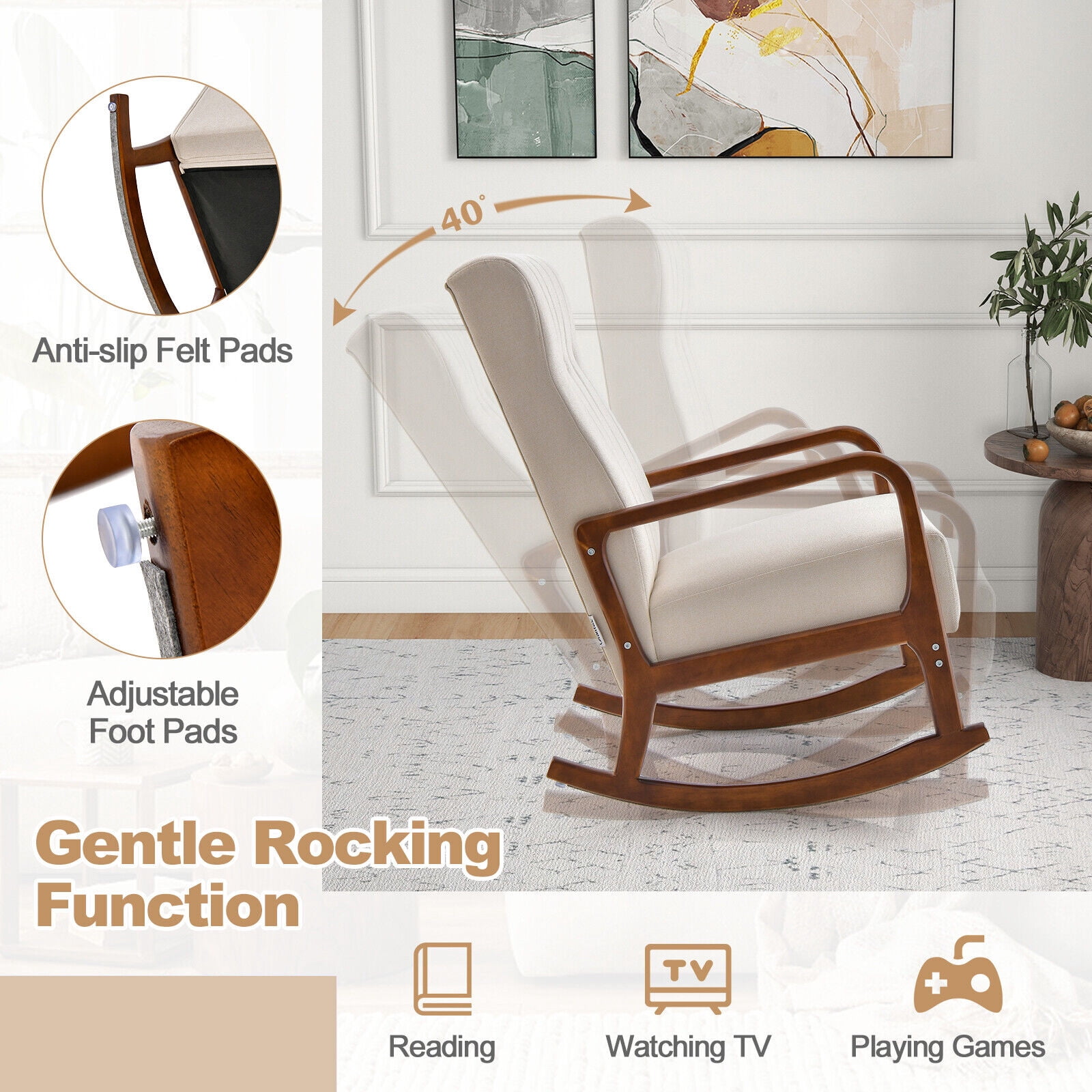 Amijoy Nursery Rocking Chair w/ Ottoman, Upholstered Rocker Chair w/ Footrest, Stable Rubber Frame & Tufted Backrest, Modern Rocking Chairs
