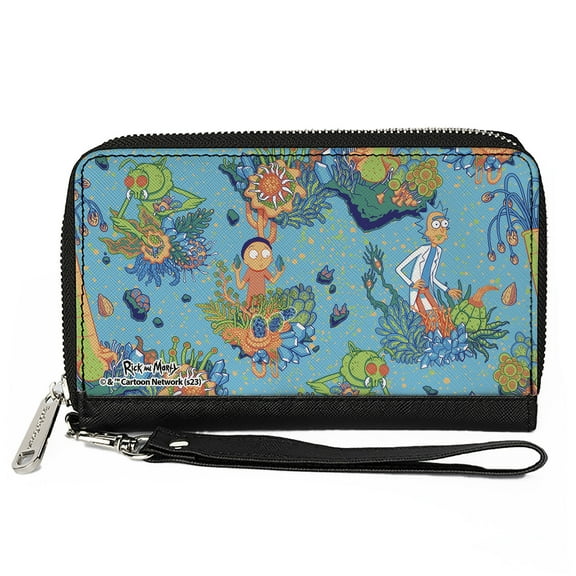 Rick and Morty Wallet, Zip Around, Rick and Morty Botanical Garden Collage Blue, Vegan Leather