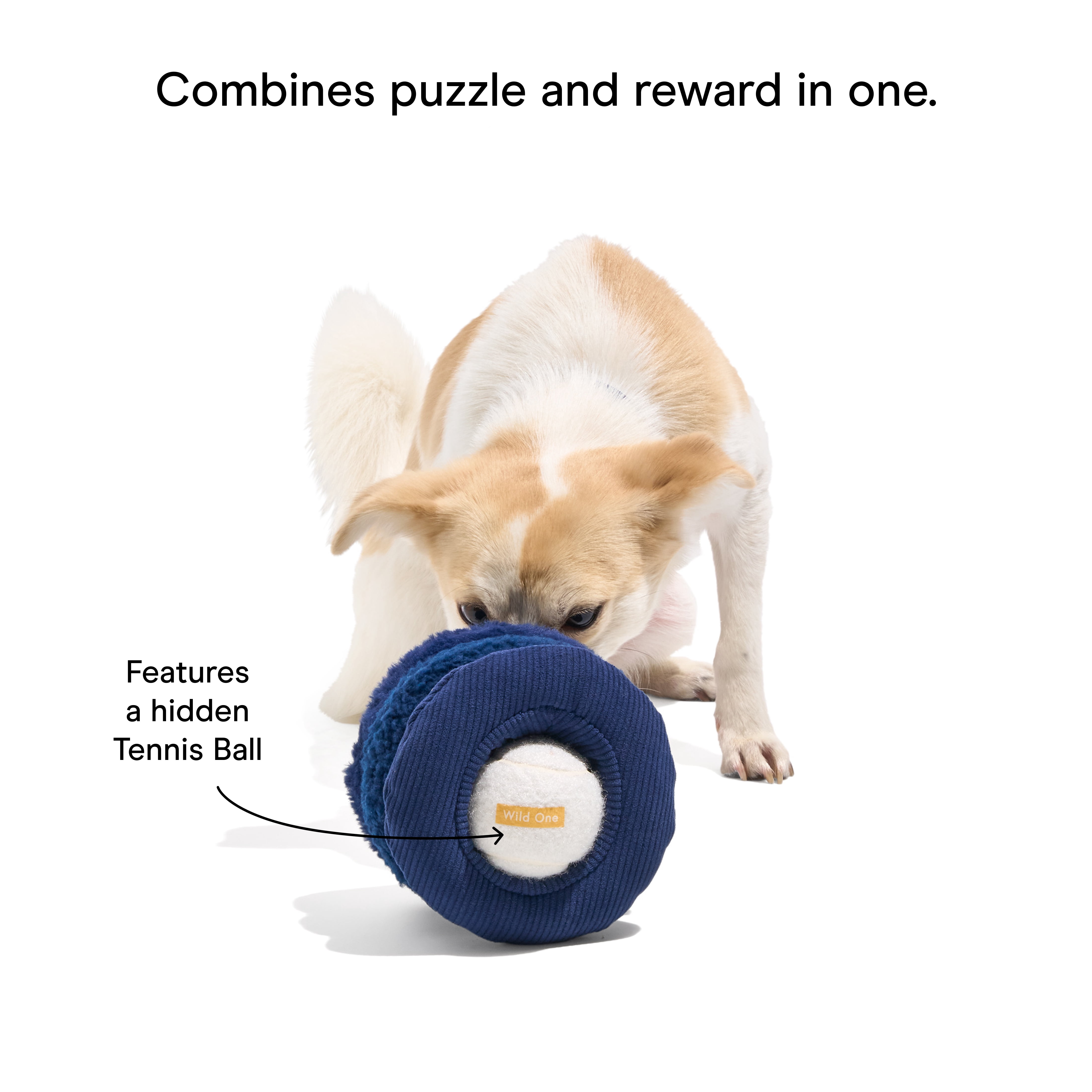 Wild One Durable Plush Tennis Tuft Dog Toy, Mental Enrichment with Squeaker and Hidden Ball, For Moderate Chewers, Navy Blue